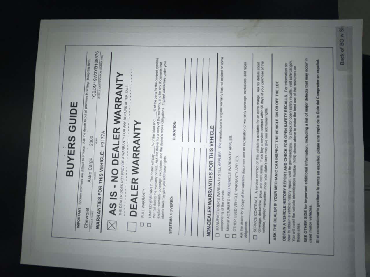 2000 Chevrolet Astro w/YF7